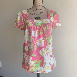 Lilly Pulitzer Top Floral Square Neck Pink Yellow Sz Small